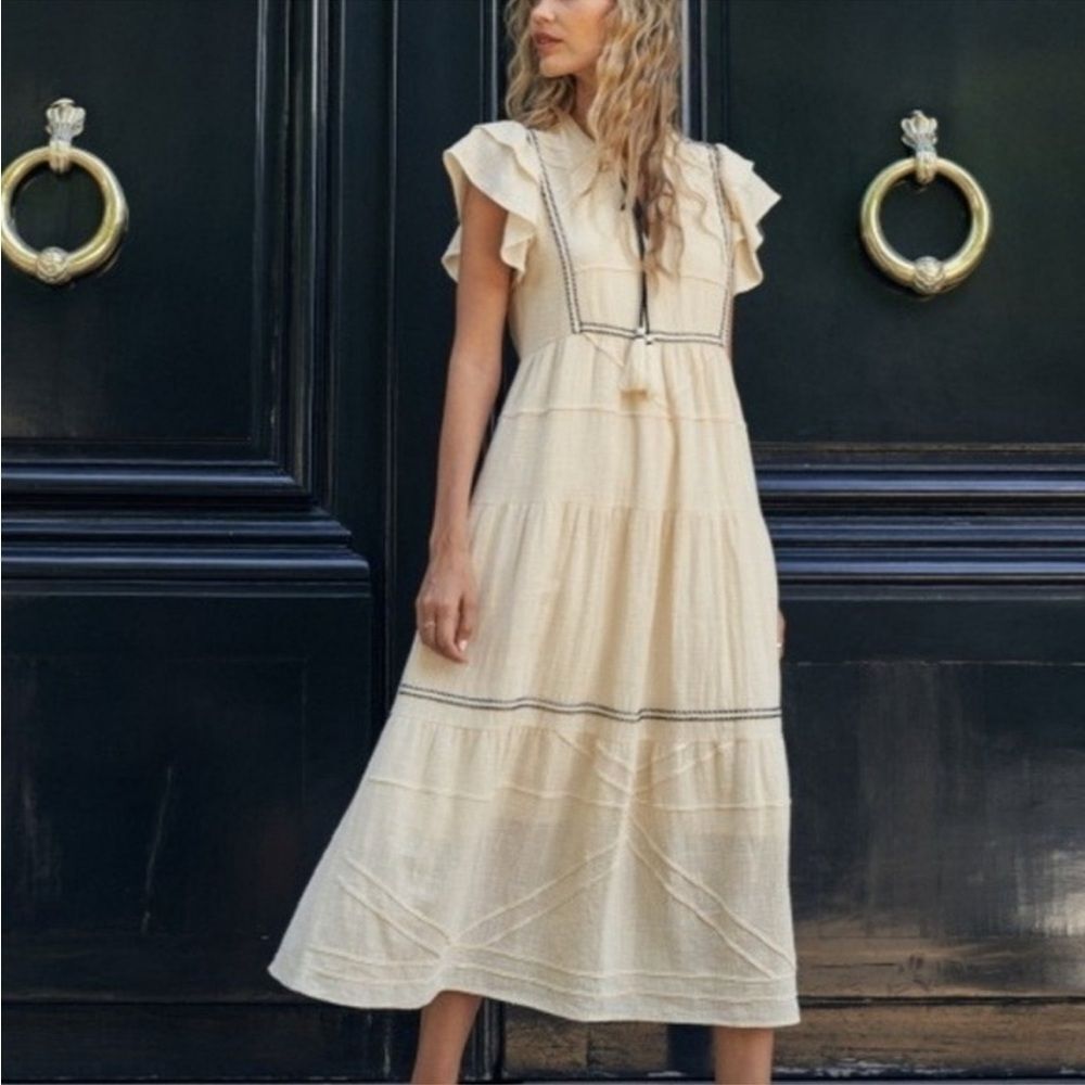 See And Be Seen Cream Boho Tiered Midi Dress in Size Small 100% Cotton Gauze
